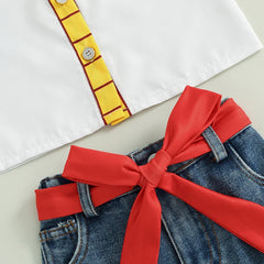 Baby Girls Plaid Print Cow Pattern Ruffles Patchwork Denim Skirt Outfit