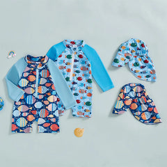 Baby Boy UV Swim Set – Fish Print Rash Guard with Half Zipper & Sunhat