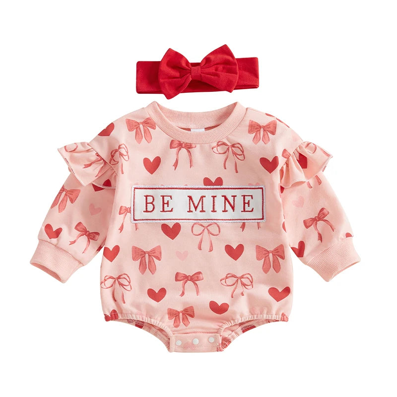 Infant Baby Girl Spring Heart Bow Romper & Headband Set