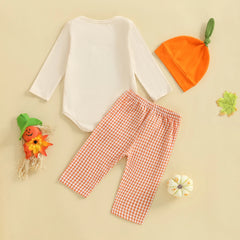 Baby Boys Pumpkin Onesie, Plaid Pants & Hat Halloween 3-Piece Outfit